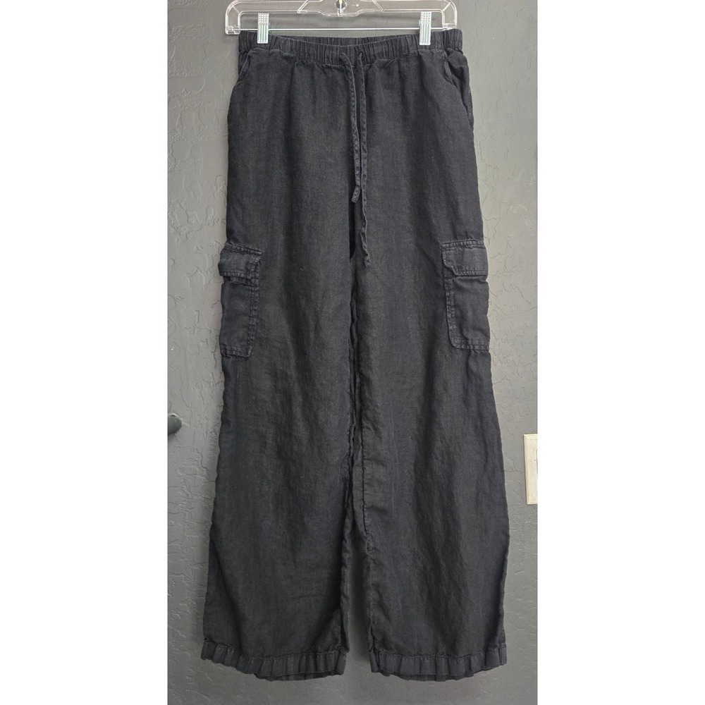 Caslon Black Linen Wide Leg Cargo Pants Drawstring Elastic Waist XS
